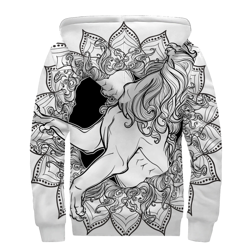 White And Black Leo Sign Print Sherpa Lined Zip Up Hoodie