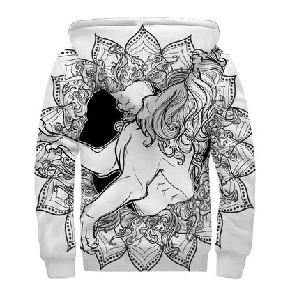 White And Black Leo Sign Print Sherpa Lined Zip Up Hoodie