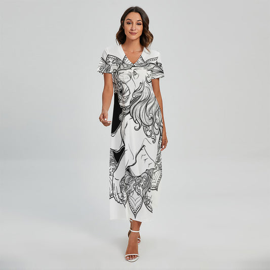 White And Black Leo Sign Print Short Sleeve Maxi Dress