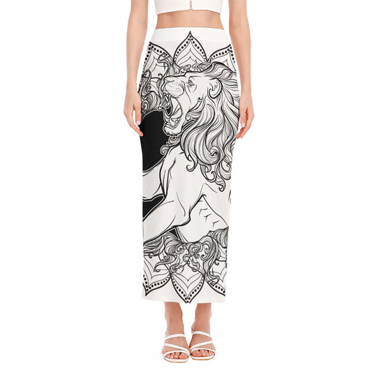 White And Black Leo Sign Print Side Slit Maxi Skirt