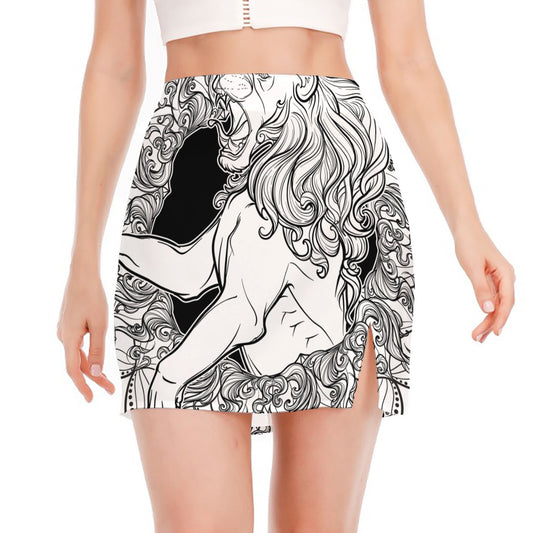 White And Black Leo Sign Print Side Slit Mini Skirt