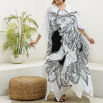 White And Black Leo Sign Print Silk V-Neck Kaftan Dress