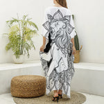 White And Black Leo Sign Print Silk V-Neck Kaftan Dress