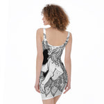 White And Black Leo Sign Print Sleeveless Bodycon Dress