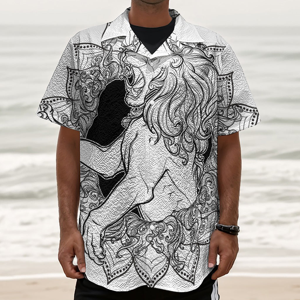 White And Black Leo Sign Print Textured Short Sleeve Shirt