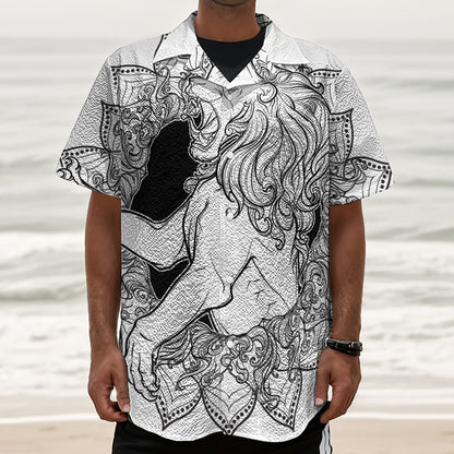 White And Black Leo Sign Print Textured Short Sleeve Shirt