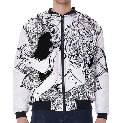 White And Black Leo Sign Print Zip Sleeve Bomber Jacket