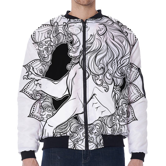White And Black Leo Sign Print Zip Sleeve Bomber Jacket