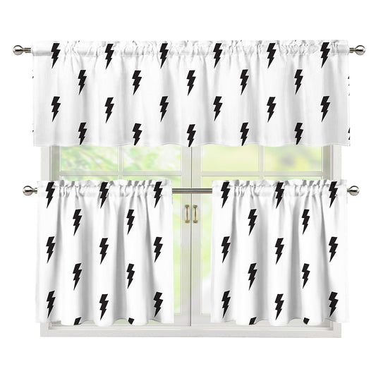 White And Black Lightning Pattern Print 3 Piece Kitchen Curtains
