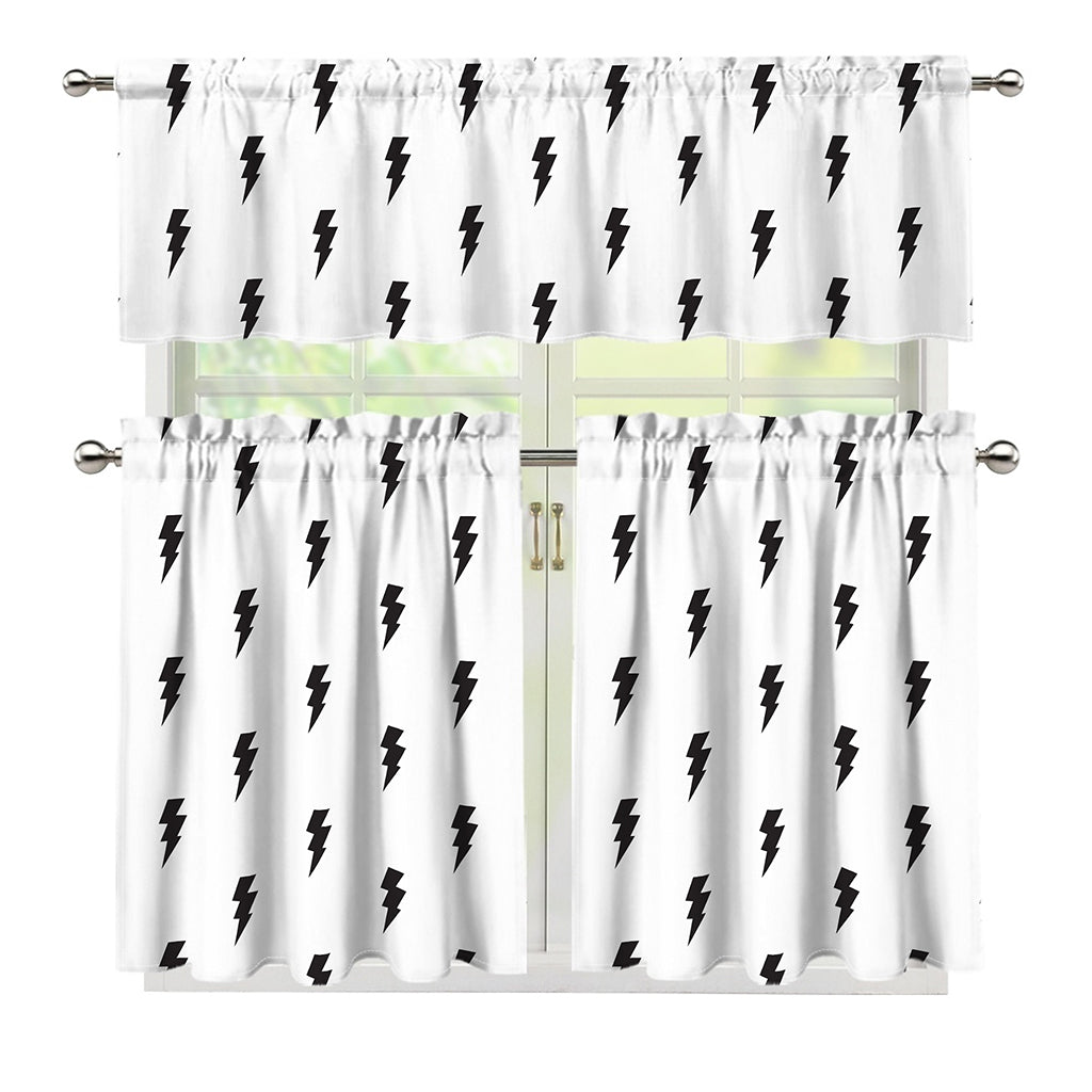 White And Black Lightning Pattern Print 3 Piece Kitchen Curtains