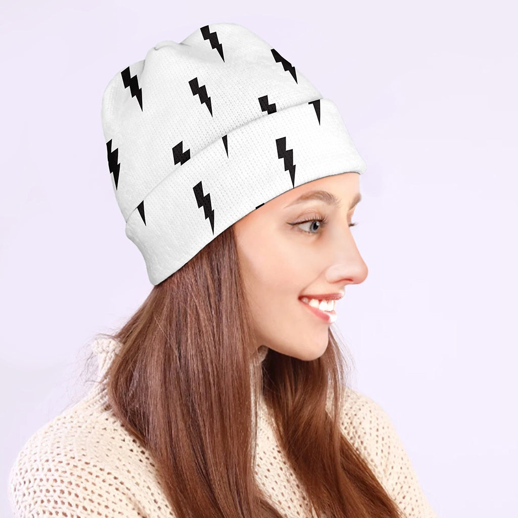 White And Black Lightning Pattern Print Beanie