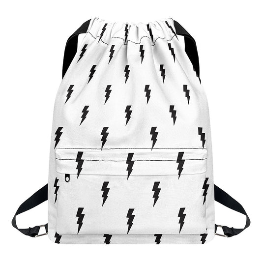 White And Black Lightning Pattern Print Drawstring Backpack