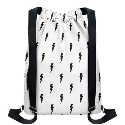 White And Black Lightning Pattern Print Drawstring Backpack