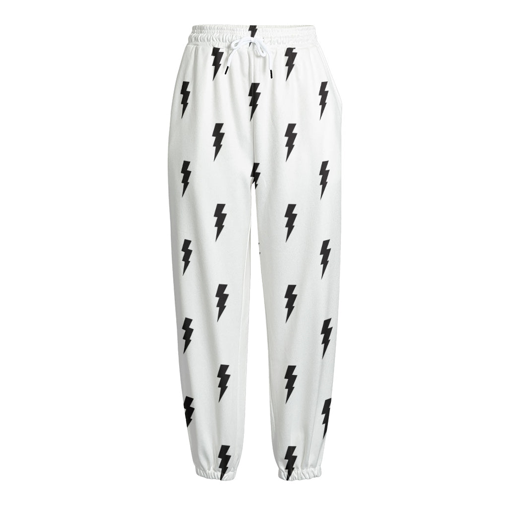 White And Black Lightning Pattern Print Fleece Lined Knit Pants
