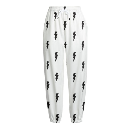 White And Black Lightning Pattern Print Fleece Lined Knit Pants