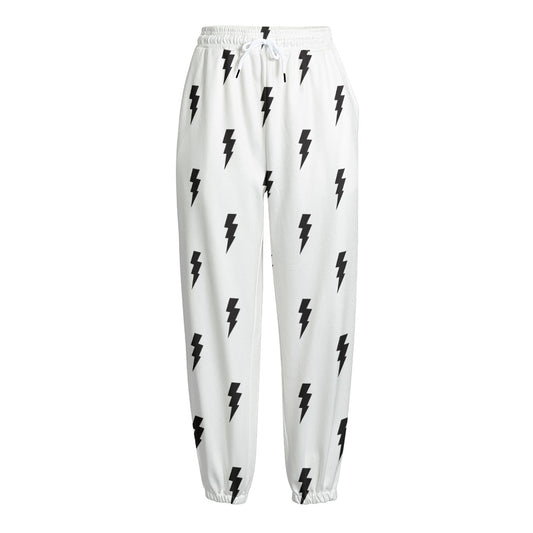 White And Black Lightning Pattern Print Fleece Lined Knit Pants