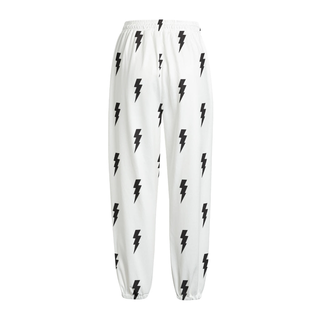 White And Black Lightning Pattern Print Fleece Lined Knit Pants