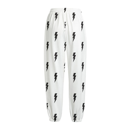 White And Black Lightning Pattern Print Fleece Lined Knit Pants