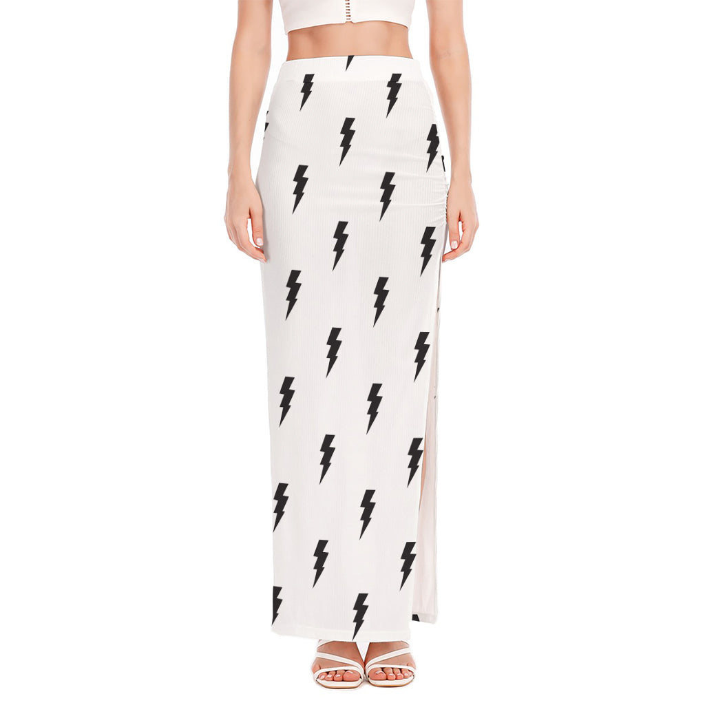 White And Black Lightning Pattern Print High Slit Maxi Skirt