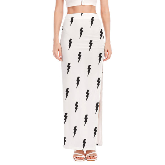 White And Black Lightning Pattern Print High Slit Maxi Skirt