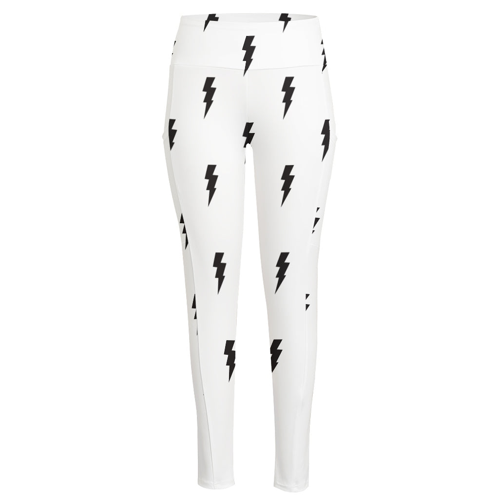 White And Black Lightning Pattern Print High-Waisted Pocket Leggings