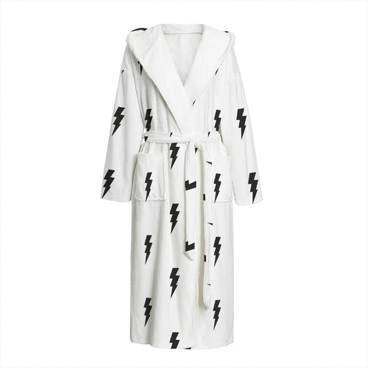 White And Black Lightning Pattern Print Hooded Bathrobe