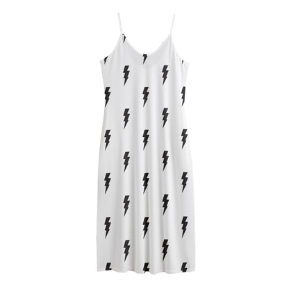White And Black Lightning Pattern Print Jersey Midi Cami Dress