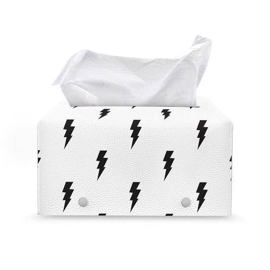 White And Black Lightning Pattern Print Leather Tissue Box Cover