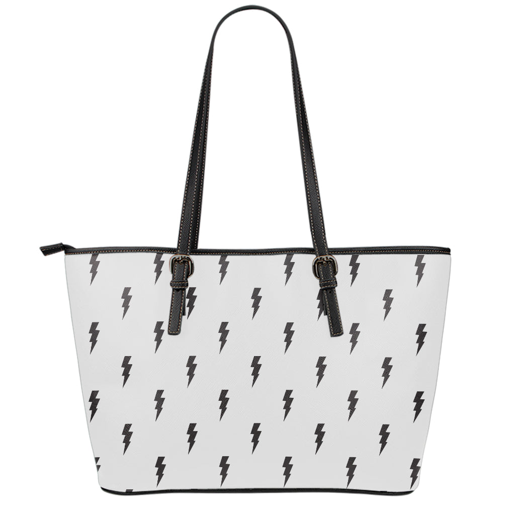 White And Black Lightning Pattern Print Leather Tote Bag