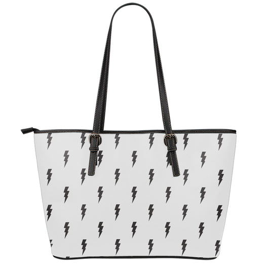 White And Black Lightning Pattern Print Leather Tote Bag