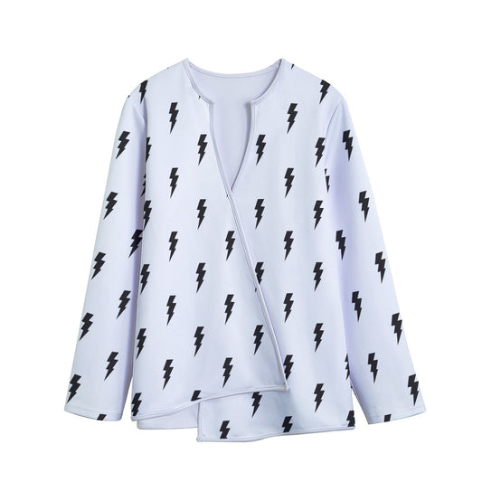 White And Black Lightning Pattern Print Long Sleeve Short Coat