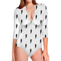 White And Black Lightning Pattern Print Long Sleeve Swimsuit