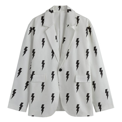 White And Black Lightning Pattern Print Men's Blazer