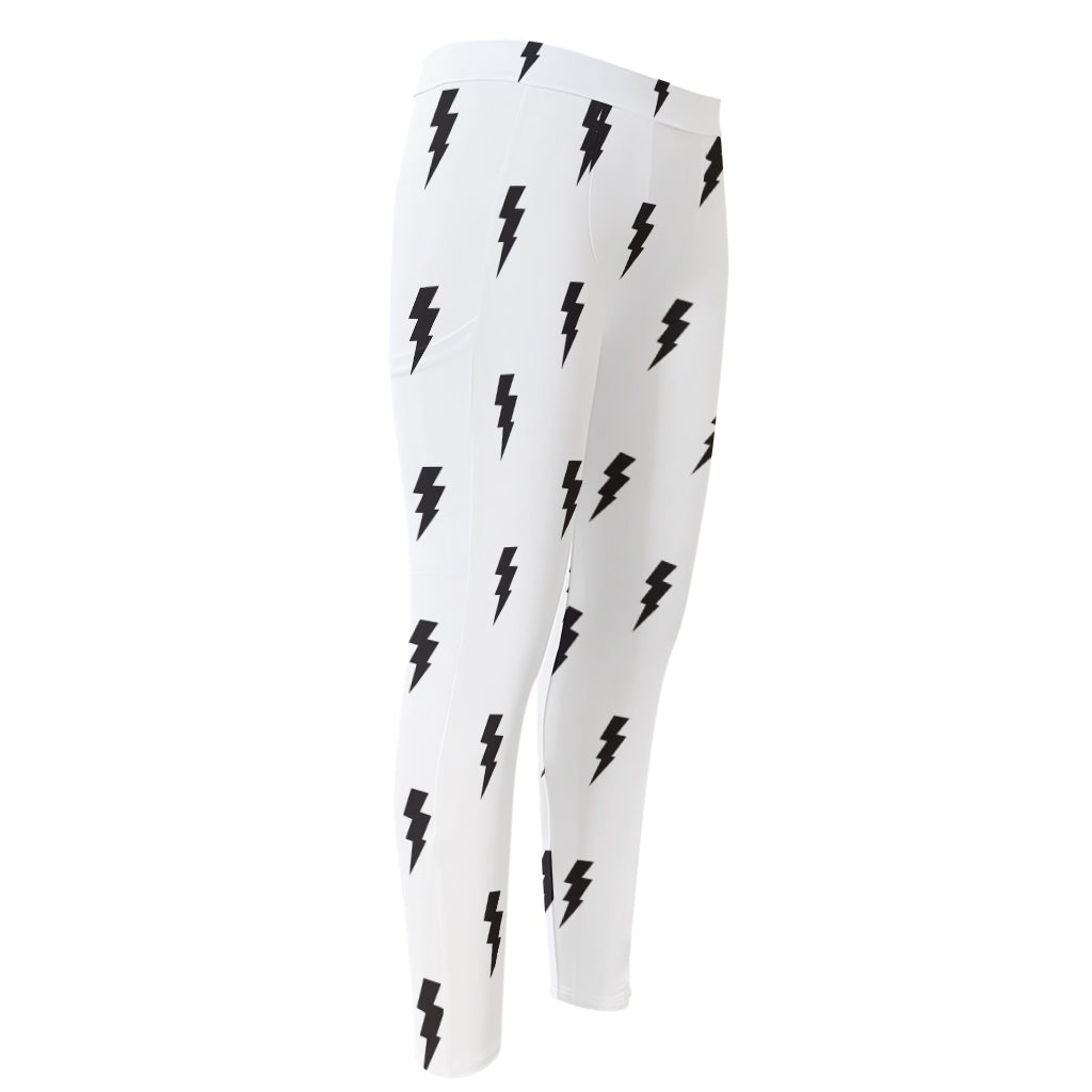 White And Black Lightning Pattern Print Men's Compression Pants