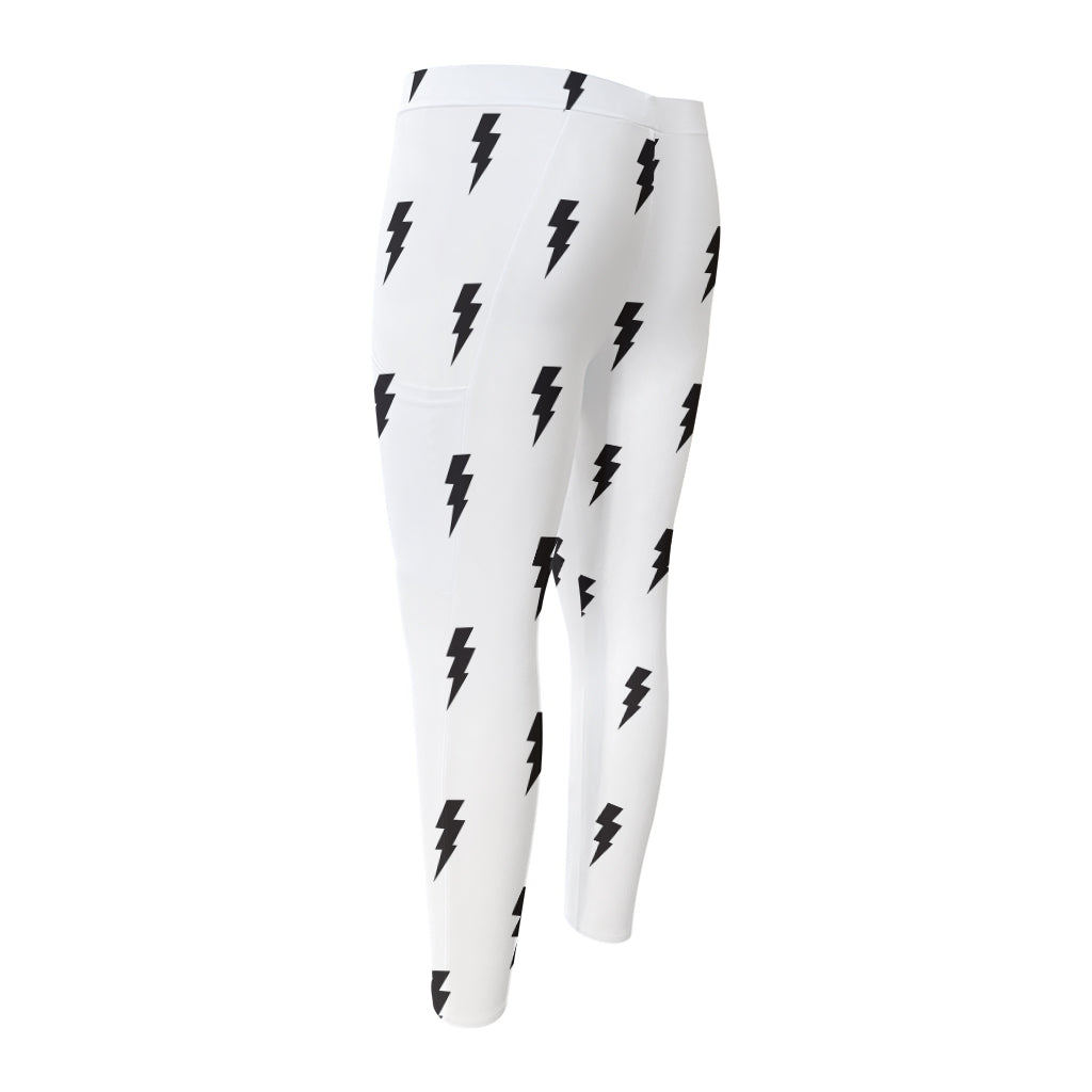 White And Black Lightning Pattern Print Men's Compression Pants
