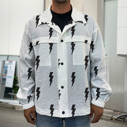 White And Black Lightning Pattern Print Men's Shirt Jacket