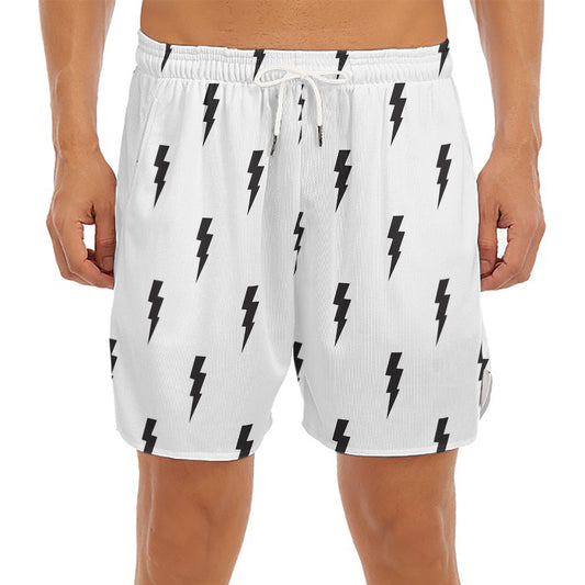 White And Black Lightning Pattern Print Men's Split Running Shorts