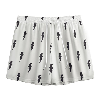 White And Black Lightning Pattern Print Mesh Shorts