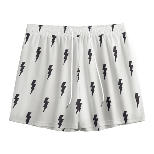 White And Black Lightning Pattern Print Mesh Shorts