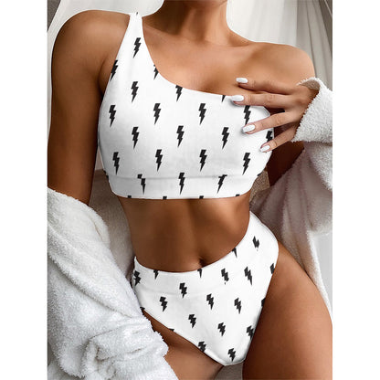 White And Black Lightning Pattern Print One Shoulder Bikini Top
