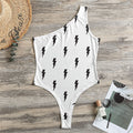White And Black Lightning Pattern Print One Shoulder Bodysuit