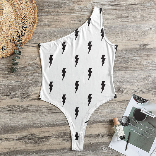 White And Black Lightning Pattern Print One Shoulder Bodysuit