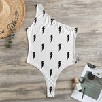 White And Black Lightning Pattern Print One Shoulder Bodysuit