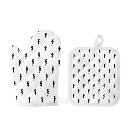 White And Black Lightning Pattern Print Oven Mitt And Pot Holder Set
