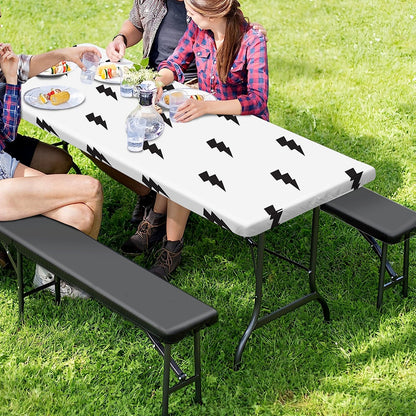 White And Black Lightning Pattern Print Picnic Table Cover