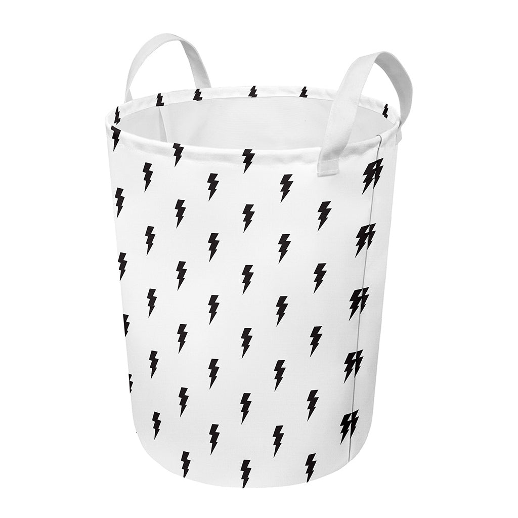 White And Black Lightning Pattern Print Round Laundry Basket