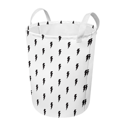 White And Black Lightning Pattern Print Round Laundry Basket