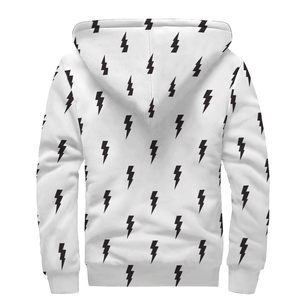 White And Black Lightning Pattern Print Sherpa Lined Zip Up Hoodie