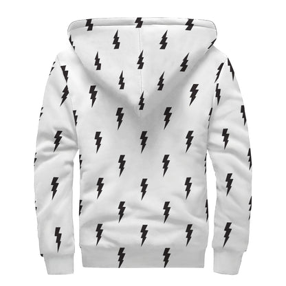 White And Black Lightning Pattern Print Sherpa Lined Zip Up Hoodie