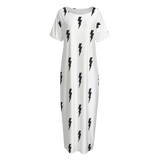 White And Black Lightning Pattern Print Short Sleeve Long Nightdress